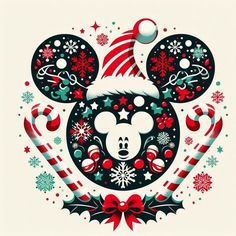 a mickey mouse christmas card with candy canes and snowflakes on the ears