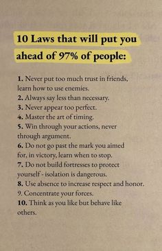 a piece of paper with the words 10 laws that will put you ahead of 99 % of people