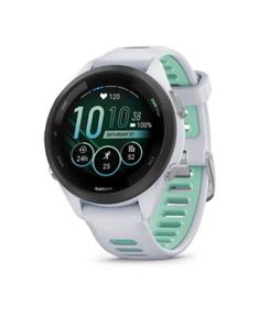 the garmin smart watch is shown in white and mint green colors, with an electronic display