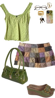 a woman's clothing and accessories including shoes, handbag, purse and sunglasses