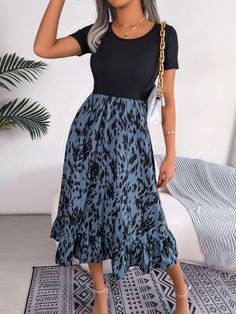 Casual Leopard Print Ruffled Midi Dress - Black,XL Chic Dress With Pleated Hem For Day Out, Knee-length Fit And Flare Midi Dress With Ruffle Hem, Fit And Flare Knee-length Midi Dress With Ruffle Hem, Fit And Flare A-line Midi Dress With Ruffles, Casual Short Sleeve Maxi Dress With Ruffles, Casual Midi Dress With Ruffled Skirt, Chic Black Skirted Dress, Casual Fitted Midi Dress With Pleated Hem, Casual Black Maxi Dress With Ruffles