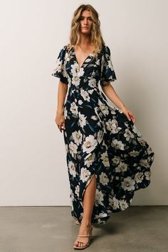 Verona Smocked Maxi Dress | Navy + White Floral - Baltic Born Navy Dress Wedding Guest, Western Formal, Smocked Maxi Dress, Baltic Born, Velvet Maxi Dress, Navy Floral Dress, Flowy Sleeves, Navy Background, Nursing Friendly