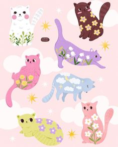 an image of cute animals in the sky with flowers and stars on pink background for children's wallpaper