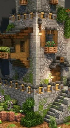 a very nice looking house made out of some sort of stone and brick with plants growing on the roof