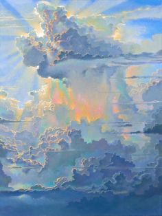 an oil painting of clouds in the sky with sun rays coming through them and blue water below