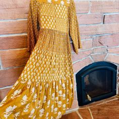 Incredible Mustard Indian Block Print Doen Dress With Perfect Piping Detail Around Chest Doen Dress, Indian Block Print, Dress First, Block Print, Piping, Basil, Mustard, The Original, Long Sleeve Dress