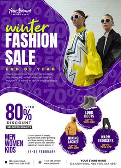 an advertisement for the winter fashion sale with two women in yellow and purple clothing, one wearing