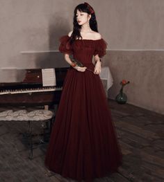 Prom Dress Burgundy, Tulle Long Prom Dress, Burgundy Evening Dress, A Line Evening Dress, Long Prom Gowns, Evening Dresses With Sleeves, Burgundy Lace, Winter Formal, A Line Prom Dresses