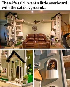 there are pictures of cat houses and furniture in the house with cats on them,