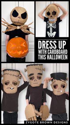 three pictures of children in halloween costumes with pumpkins and skeleton heads on their faces