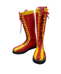 Step into the ring with confidence and style wearing our Handmade  Leather Wrestling Boots. Crafted with 100% genuine leather, these boots boast not only unparalleled durability but also a unique and luxurious aesthetic. The striking Red Color with Yellow Tips , Black sole AND Red laces adding an extra dimension to your wrestling attire.  Red  Leather with Yellow Tips make it's look beautiful and unique.  these are High Quality A Leather made.  you also have an option for Customizable Colors, Na Red Polyurethane Boots With Round Toe, Wrestling Attire, Yellow Tips, Wrestling Boots, Luxurious Aesthetic, Pro Wrestling, Red Lace, Short Boots, Handmade Leather