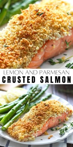 lemon and parmesan crusted salmon on a plate with asparagus