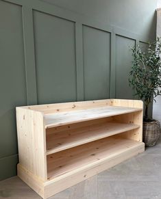 a wooden shelf next to a potted plant on the floor in front of a green wall