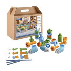 an assortment of toys in a cardboard box