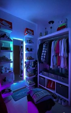 a room that has some clothes on shelves and lights in the closet, along with other items