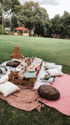 an outdoor picnic is set up in the grass with pillows and blankets on top of it