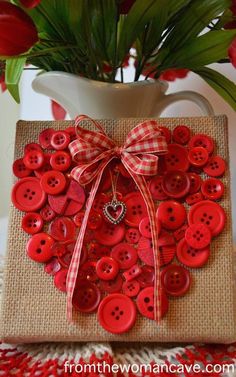 a red heart shaped button on a burlock