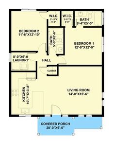 A 6'-deep vaulted and trussed front porch adds to the curb appeal of this 1,020 square foot 2-bedroom house plan . Stone accents and board and batten siding give it a rustic vibe. Use this is as a vacation escape, a rental or as a full-time home. The front of the home is open wall-to-wall with a C-shaped kitchen on the right open to the living room. Bedrooms are located in back and each have their own bathrooms. A modest-sized laundry is a nice convenience in a home this size. Kitchen And Living Room Ideas, Floor Plan Kitchen, Granny Cottage, 2 Bedroom Floor Plans, Open Floor Plan Kitchen, Room Bedrooms, Small Cottage House Plans, Shaped Kitchen, Cottage Floor Plans