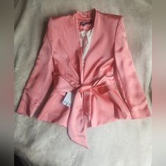 Satin Blazer With Belt Jacket Pink Sizes M & L Bnwt Fitted Silk Blazer For Spring, Feminine Long Sleeve Outerwear For Party, Tailored Feminine Spring Outerwear, Feminine Formal Spring Blazer, Zara Fitted Evening Outerwear, Feminine Formal Outerwear For Spring, Feminine Formal Spring Outerwear, Tailored Silk Outerwear For Spring, Spring Silk Fitted Outerwear