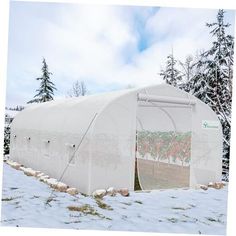 a large white greenhouse with snow on the ground