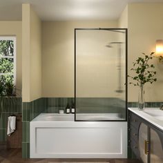 a bathroom with two sinks and a bathtub