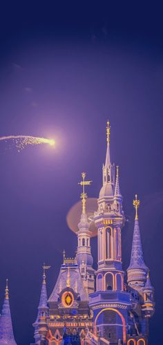 an image of a castle at night with a plane flying in the sky above it