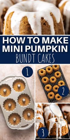 Collage showing how to make mini pumpkin spice bundt cakes. Mini Pumpkin Spice Bundt Cakes, Pumpkin Mini Bundt Cakes, Pumpkin Mold Recipes, Mini Pumpkin Bundt Cakes, Bundt Cake Recipes Mini, Mini Bundt Cake Recipes From Mix Boxes, Fall Mini Cakes, Mini Bundt Cakes From Cake Mix Boxes, Mini Bundt Cakes Packaging