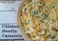 chicken noodle casserole with peas in a bowl