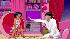 an animated image of a man pointing at a woman sitting on a couch in front of a tv