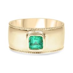 Bold and brave, this men's modern 14K - 18k gold ring says it all. This ring is made with the finest, genuine materials from our collection. The princess cut emerald is natural and comes from Muzo Colombia, a world known mine known for the finest quality emeralds in the world. The emerald featured in this ring is AA+ quality gem, good color, luster and translucent eye clarity. The emerald is bezel set in the gold of your choosing, meaning that the emerald is 100% protected on its sides. Bezel se Classic Ring With Bezel Setting And Wide Band, Classic Wide Band Ring With Bezel Setting, Yellow Gold Rings With Bezel Setting And Wide Band, Yellow Gold Thick Band Ring, Formal Jewelry With Bezel Setting And Wide Band, Formal Wide Band Jewelry With Bezel Setting, Wide Band Gemstone Rings For Formal Occasions, Formal Wide Band Gemstone Ring, Emerald Mens Ring