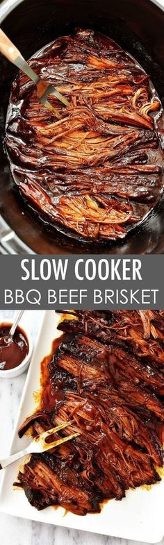 slow cooker bbq beef brisket with barbecue sauce in the bottom and on the side