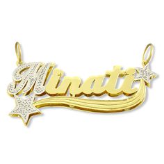 "*Personalized 10K or 14K Solid Gold Name Pendant 3D Double Plates Charm, fancy script unique font design, capitalized first letter and bottom design tail in white tone Rhodium hand carved diamond accent and lower cases letters finished in high-polished. *Average Name Pendant Dimension: 1 3/4 Inch (45 mm) X 3/4 Inch (19 mm) Approx. *Up to 9 Letters - First letter capitalized. *Thickness Top: 0.7 mm / 22 Gauge / 0.028\" Approx. *Thickness Bottom: 0.40 mm / 26 Gauges / 0.018\" Approx.  *This solid White 14k Gold Nameplate Necklace, 14k Gold Name Necklace In White, White 14k Gold Name Necklace, Star 3d, 3d Name, Unique Font, Fancy Script, Name Pendant, Bottom Design