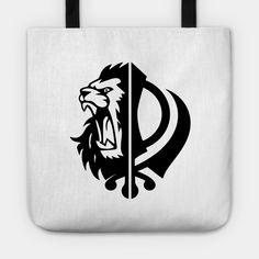 a black and white tote bag with an image of a lion's head