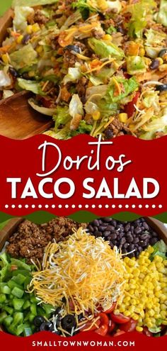 this taco salad is loaded with lettuce, tomatoes, black beans, corn and tortilla chips