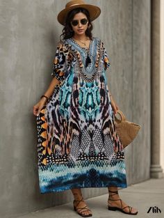 Zlily - Womens Plus Size Boho Cover Up Dress - Animal Skin Print with Tassel Decor, V-Neck and Short Sleeves Multicolor Vacation Kaftan With Tassels, Multicolor Tassel Kaftan For Vacation, Multicolor Tasseled Kaftan For Vacation, Spring Multicolor Kaftan With Tassels, Multicolor Bohemian Dress With Split Neck, Bohemian Multicolor Split Neck Dress, Casual Printed V-neck Kaftan, Bohemian Patterned V-neck Kaftan, Casual V-neck Kaftan For Festival