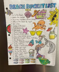 a beach bucket list on a refrigerator door