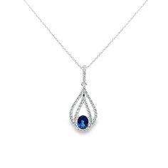 14 Karat White Gold Pendant Necklace Featuring A 0.34 Carat Oval Sapphire Accented by 50 Round Brilliant Cut Diamonds of SI Clarity and G/H Color Totaling 0.26 Carats. 16 Inch Rolo Chain. Style N1896SAW. Formal Oval Necklace With Prong Setting, Oval Pave Setting Necklace For Formal Occasions, Oval Formal Necklace With Pave Setting, Formal Oval Necklace With Pave Setting, Oval Necklace With Pave Setting For Formal Occasions, Classic Oval Necklace With Pave Setting, Formal Oval White Gold Necklace, Formal Hallmarked Oval Diamond Necklace, Formal Oval Pendant Necklace With Pave Setting