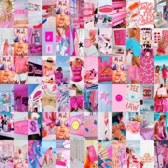 a collage of photos with pink and blue