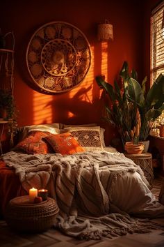 a bedroom with an orange wall and sun shining through the window, on top of a bed