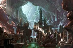 an artistic painting of a fantasy city in the middle of a cave filled with water