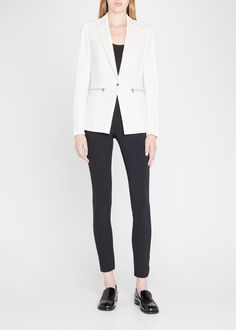 Modern Stretch Outerwear For Work, Chic Fitted Blazer With Zipper Closure, Classic Blazer With Zipper Closure For Work, Tailored Long Sleeve Blazer With Zipper Closure, Modern Fitted Outerwear For Commuting, Fitted Outerwear With Zipper Closure For Work, Fitted Zipper Closure Outerwear For Work, 2023 Outfits, Scuba Jacket