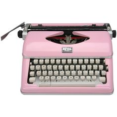 an old fashioned pink typewriter on a white background