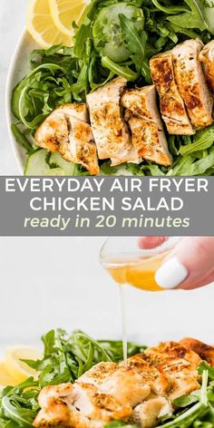 chicken salad is being drizzled with dressing and served in a white bowl