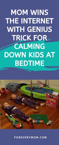 two children laying on the floor with text overlay reading mom wins the internet with genius trick for calming down kids at bedtime