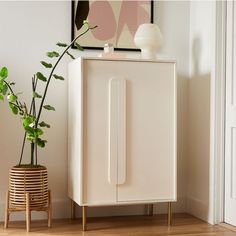 a white cabinet next to a potted plant