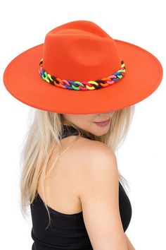 Accessorize any outfit with our most loved fashion fedora. Make heads turn in this gorge hat featuring a colorful Matte Rainbow Acrylic Resin Cuban Link Chain Decor. Wide Brim Felt Rancher Hat-Adjustable inner drawstring-Brim Size: 4"-Head Size: OS (About 57cm-58cm AKA M/L)Material Composition65% Cotton, 35% Polyester Rancher Hat, Chain Decor, Cuban Link Chain, Cuban Link, Fedora Hat, Wide Brimmed, Link Chain, Fedora, Felt