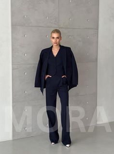 Suits are available in 4 major sizes according to our size chart. Model's wearing a size S Blazer length is 29,1 inches or 74 cm Sleeve length is 23.6 inches or 60 cm Pants outer seam length is 45.2 inches or 115 cm Inseam length (from crotch)34.6 inches or 88 cm Vest length is 17 inches or 43 cm XS= 2 US numeric  BUST 32-34 inches or 82-86 cm WAIST 23-24.8 inches or 59-63 cm HIPS 33-35 inches or 86-90 cm S= 4 US numeric  BUST 34-35 inches or 86-90 cm WAIST 25-26 inches or 63-67 cm HIPS 35-37 in Fitted High-waisted Pants Sets For Work, Elegant Blue Wide Leg Sets, Elegant Fitted Blue Pant Set, Blue Fitted Sets With Straight Pants, Fitted Blue Sets With Straight Pants, Workwear Sets With Straight Pants In Blue, Blue Workwear Sets With Straight Pants, Blue Straight Pants Sets For Work, Blue Womens Suit