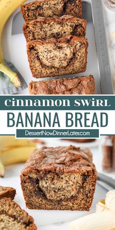 cinnamon swirl banana bread cut in half on a plate with bananas next to it and the text overlay reads cinnamon swirl banana bread