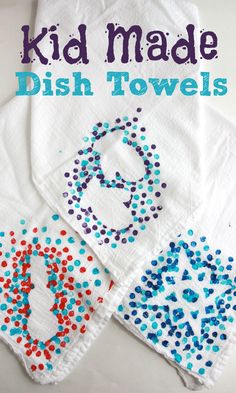 three handmade dish towels with different designs on them