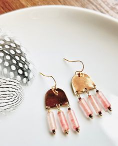 Earrings, pink, gold, dangle, drop, Fringe, wedding, formal, natural stone, bar, translucent, semi-circle, half circle, dome Pink Brass Jewelry For Wedding, Pink Brass Wedding Jewelry, Pink Round Chandelier Earrings, Pink Brass Dangle Earrings, Pink Brass Dangle Jewelry, Pink Teardrop Chandelier Earrings, Nickel Free, Stone Bar, Wedding Formal, Half Circle